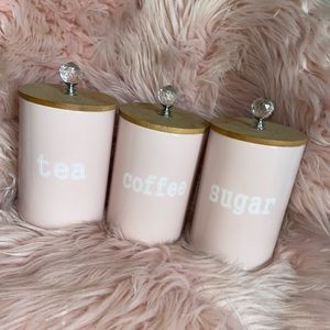 Pink containers coffee tea sugar